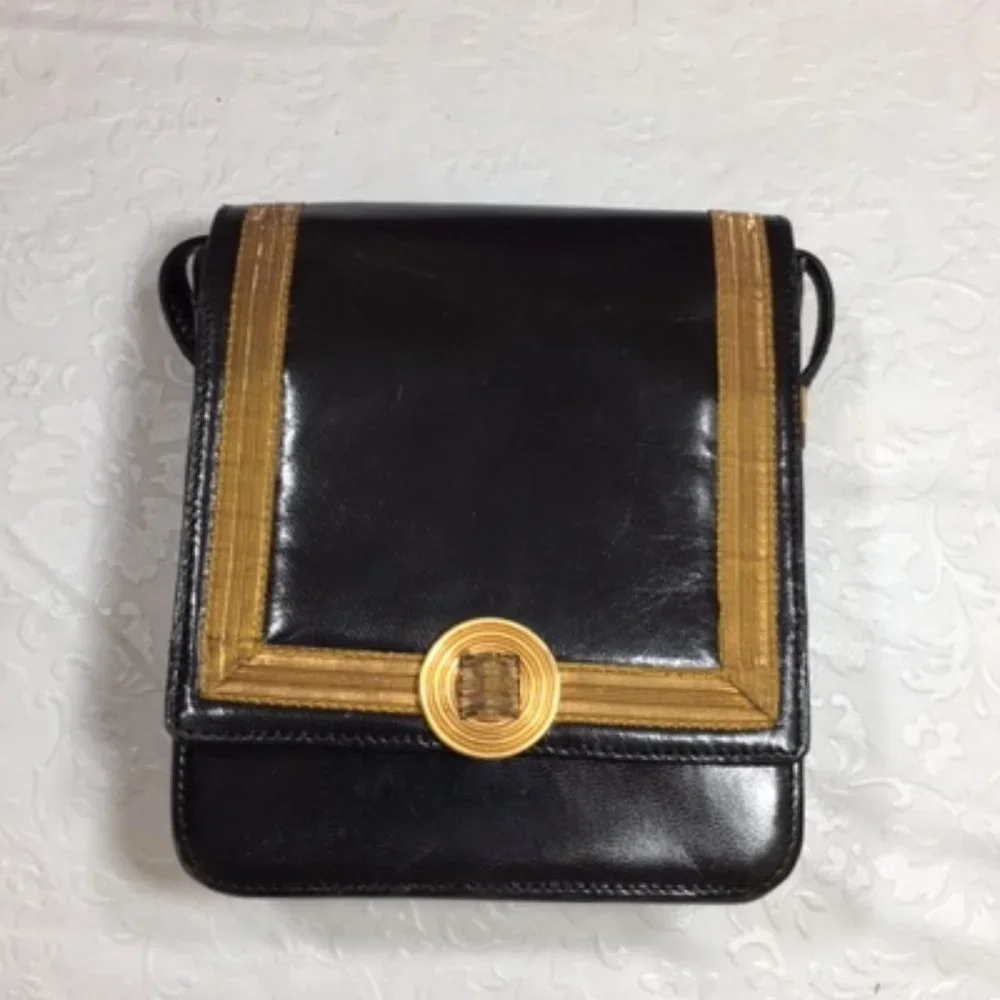 VINTAGE RODO Black Leather w/Gold Trim Italian Shoulder Bag